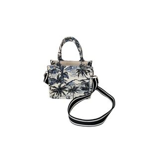 H&M Mini Tote Jacquard Tote Palm Tree Leaf Tropical Bag Crossbody Strap Blue EUC